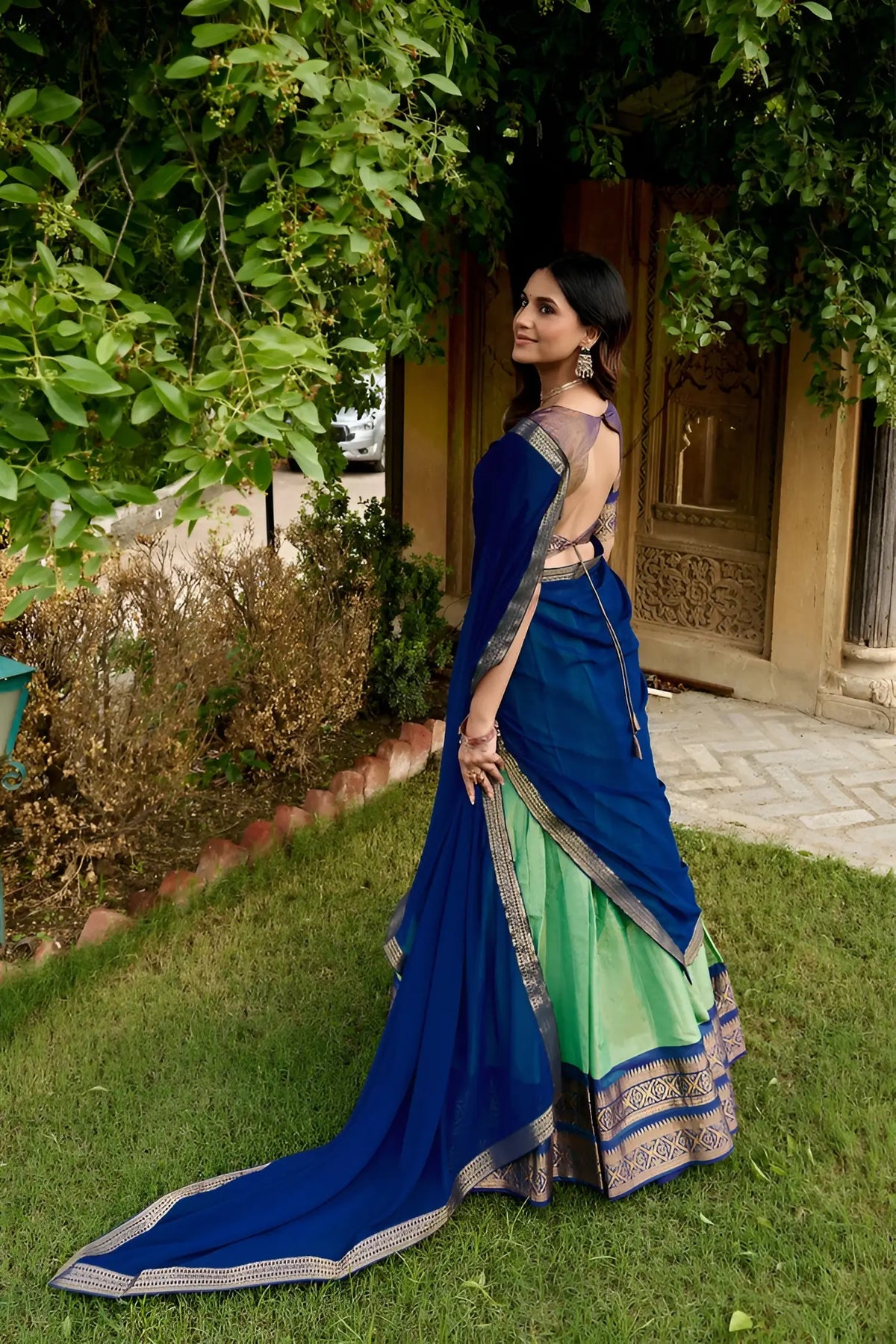 Mint Green Kanchipuram Half Saree Lehenga