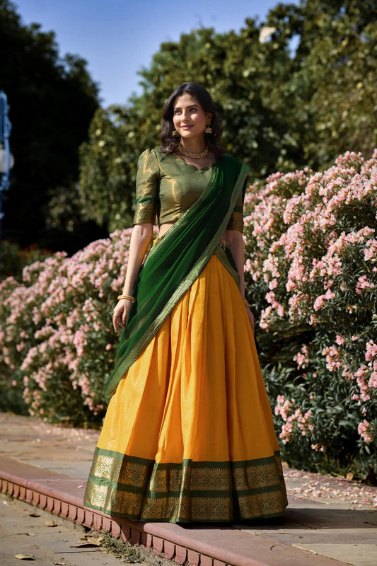 Yellow Kanchipuram Zari Weaving Work Lehenga Choli