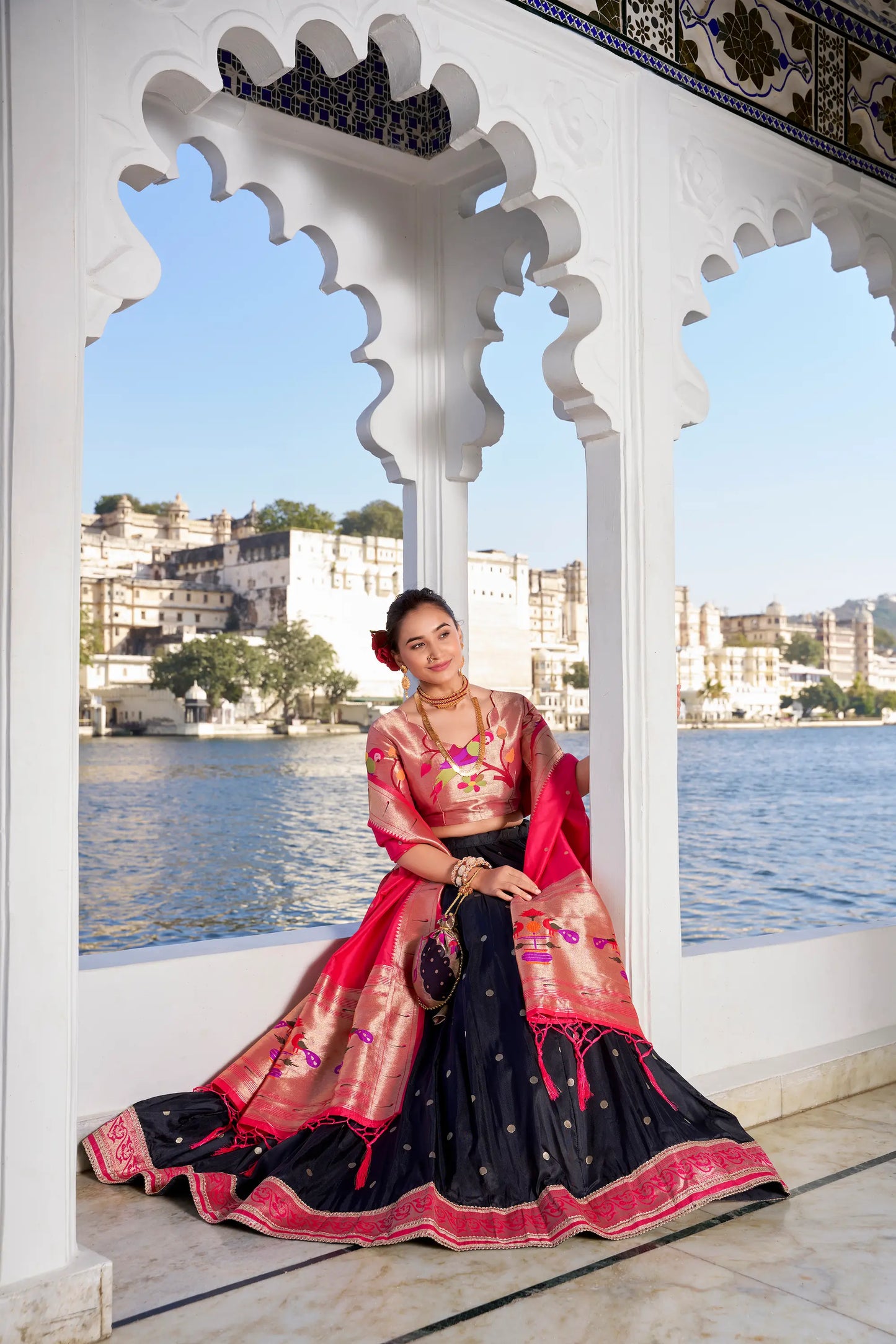 Black Jacquard Silk Zari Weaving Paithani Lehenga Choli