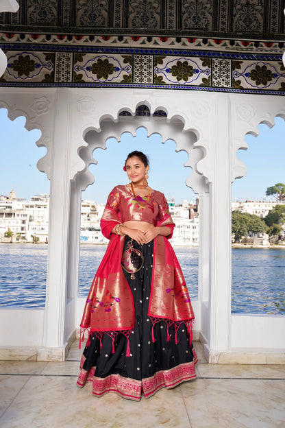 Black Jacquard Silk Zari Weaving Paithani Lehenga Choli