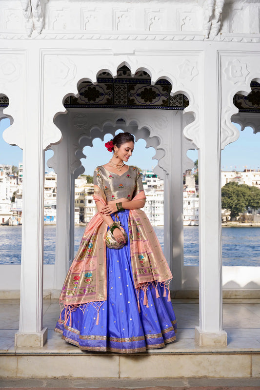 Lotus Blue Jacquard Silk Zari Weaving Paithani Lehenga Choli