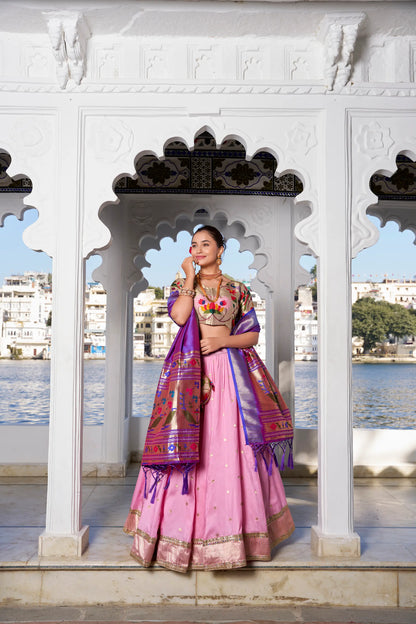 Light Pink Jacquard Silk Zari Weaving Paithani Lehenga Choli