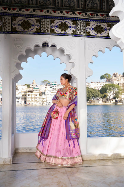 Light Pink Jacquard Silk Zari Weaving Paithani Lehenga Choli