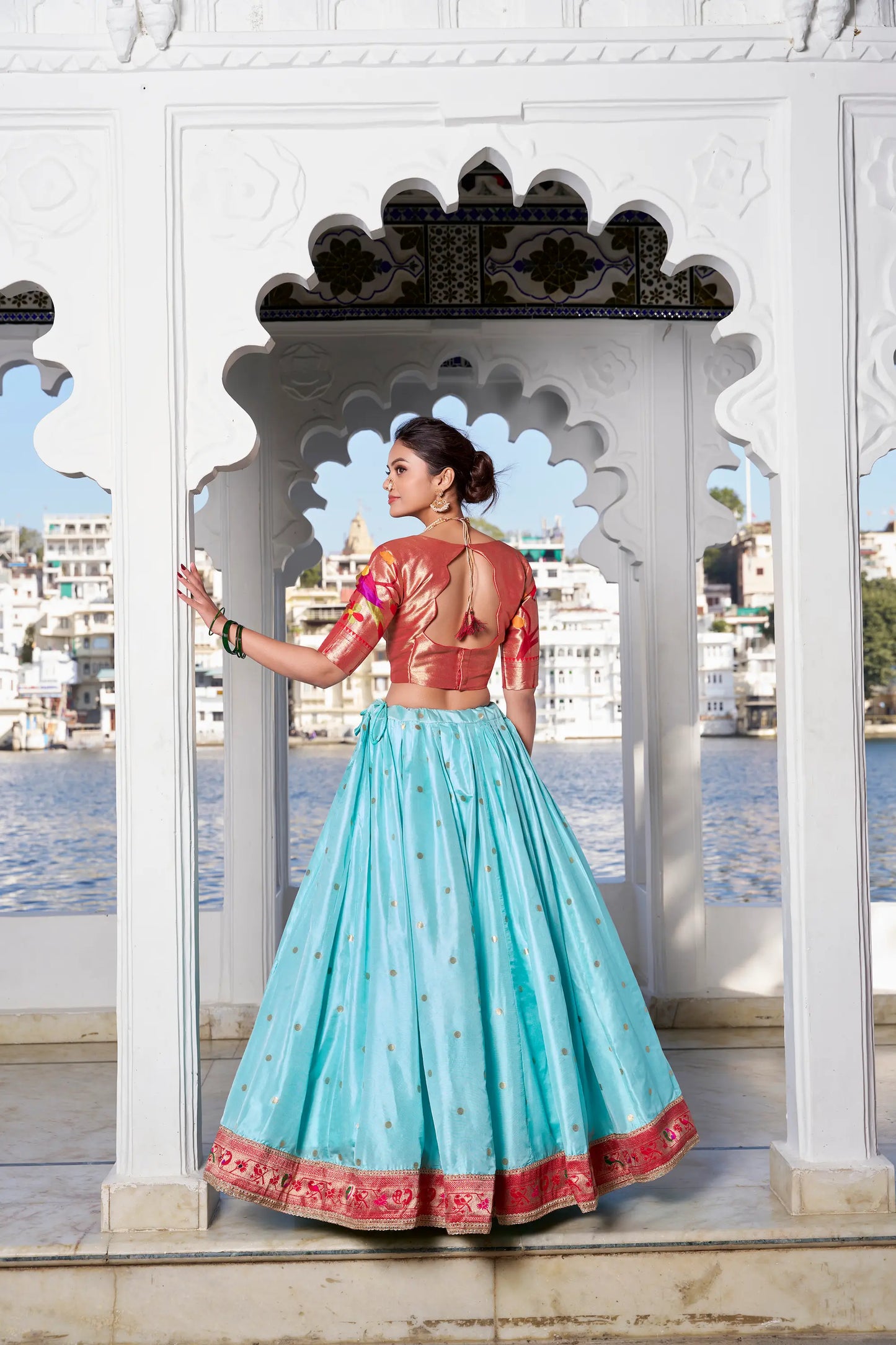 Sea Blue Jacquard Silk Zari Weaving Paithani Lehenga Choli