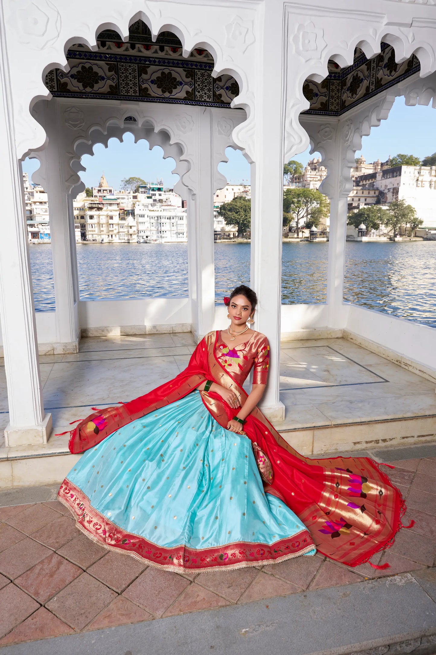 Sea Blue Jacquard Silk Zari Weaving Paithani Lehenga Choli