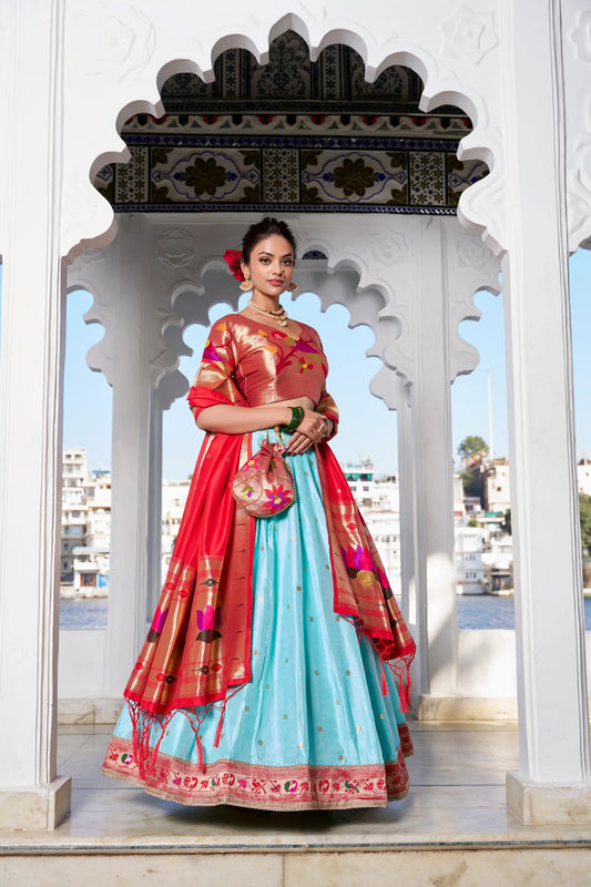 Sea Blue Jacquard Silk Zari Weaving Paithani Lehenga Choli