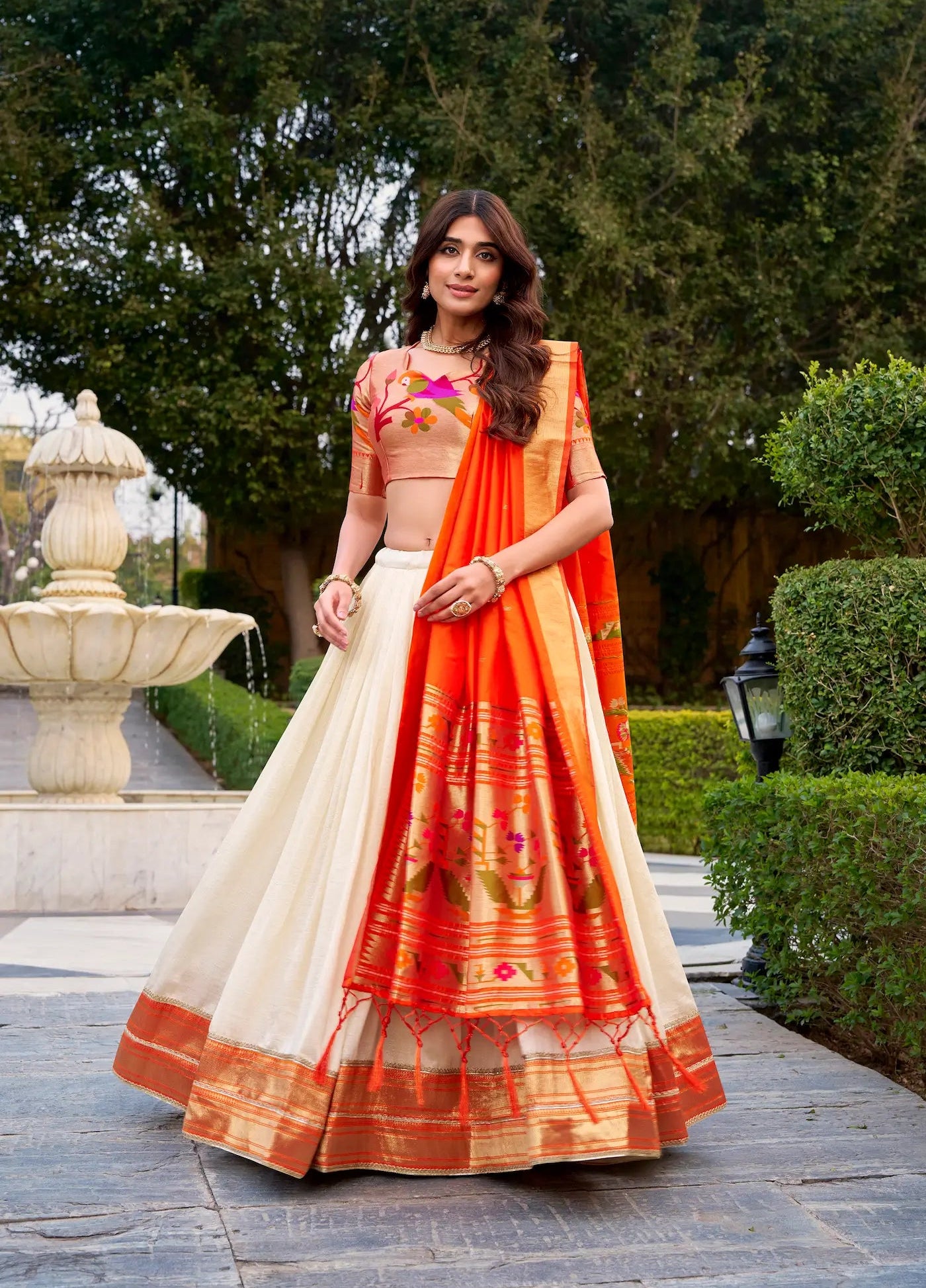 Off White Zari Weaving Paithani Lehenga Choli