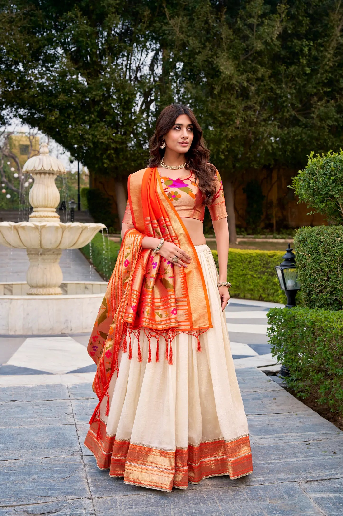 Off White Zari Weaving Paithani Lehenga Choli