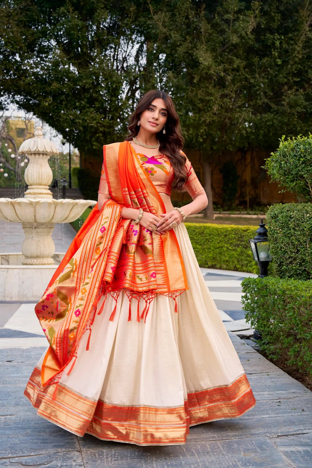 Off White Zari Weaving Paithani Lehenga Choli