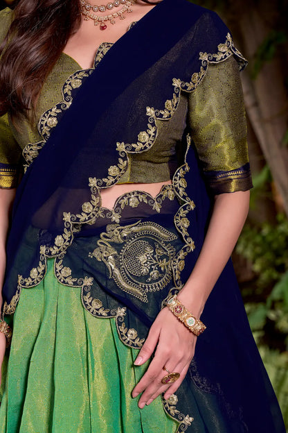 Parrot Green Kanchipuram Zari Weaving Work Lehenga Choli