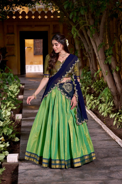 Parrot Green Kanchipuram Zari Weaving Work Lehenga Choli