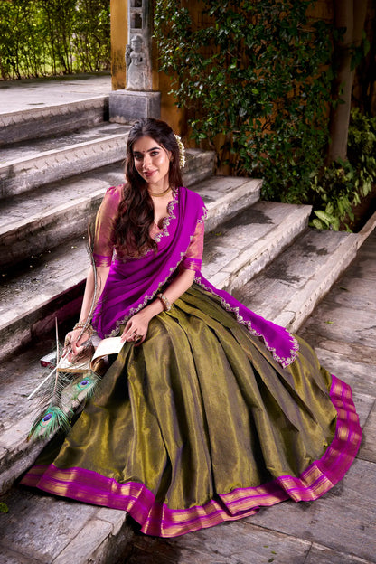 Dark Olive Kanchipuram Zari Weaving Work Lehenga Choli