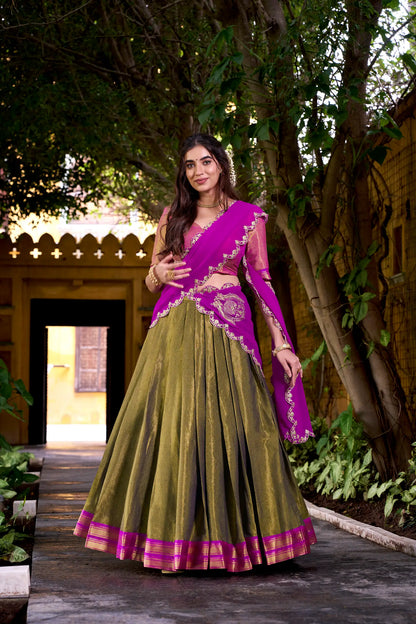 Dark Olive Kanchipuram Zari Weaving Work Lehenga Choli