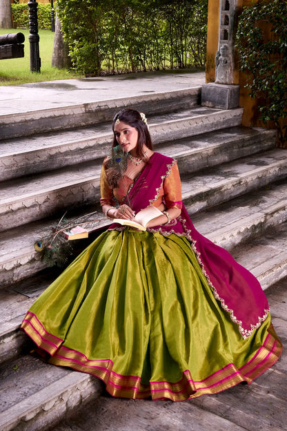 Olive Green Kanchipuram Zari Weaving Work Lehenga Choli
