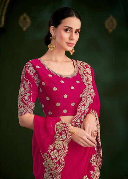 Crimson Red Shiny Georgette Heavy Embroidery Saree