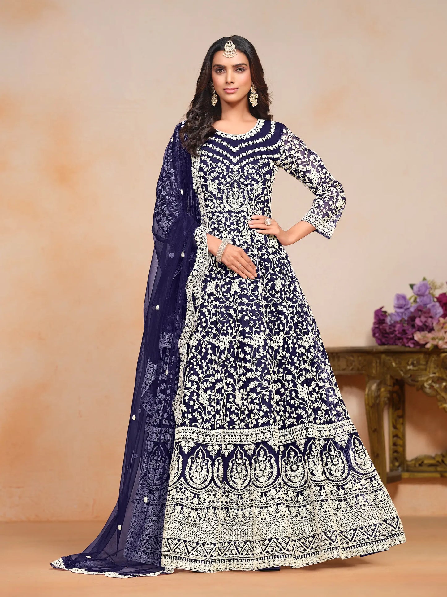 Navy Blue Net Gown With Sequence & Thread Embroidery Work