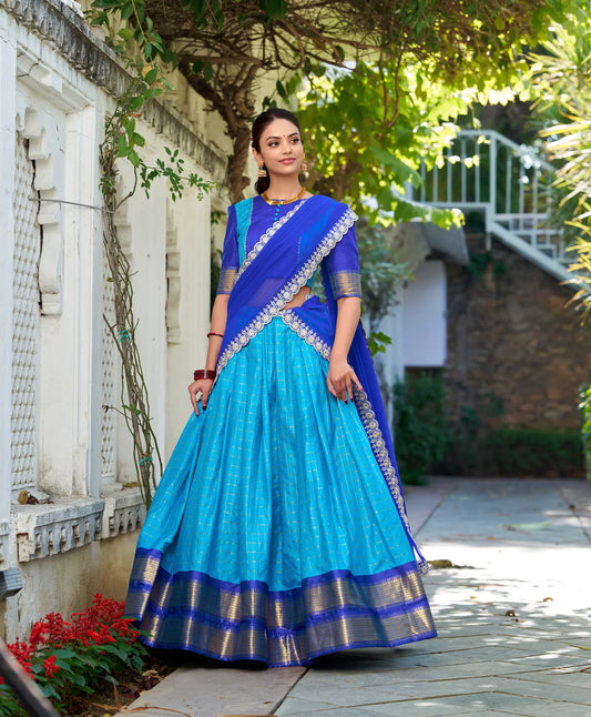 Blue Zari Chex With Zari Weaving Work Lehenga Choli