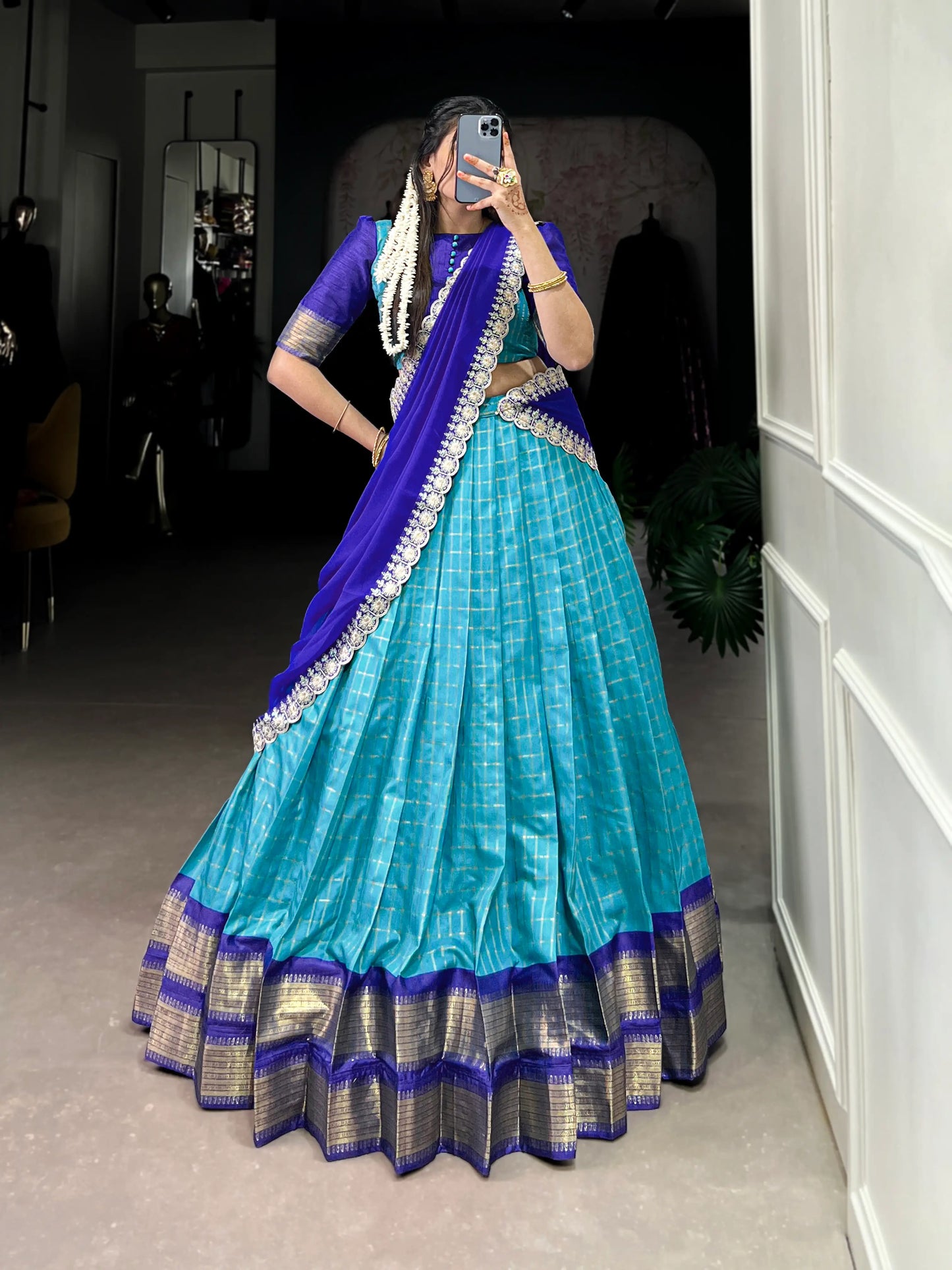 Blue Zari Chex With Zari Weaving Work Lehenga Choli