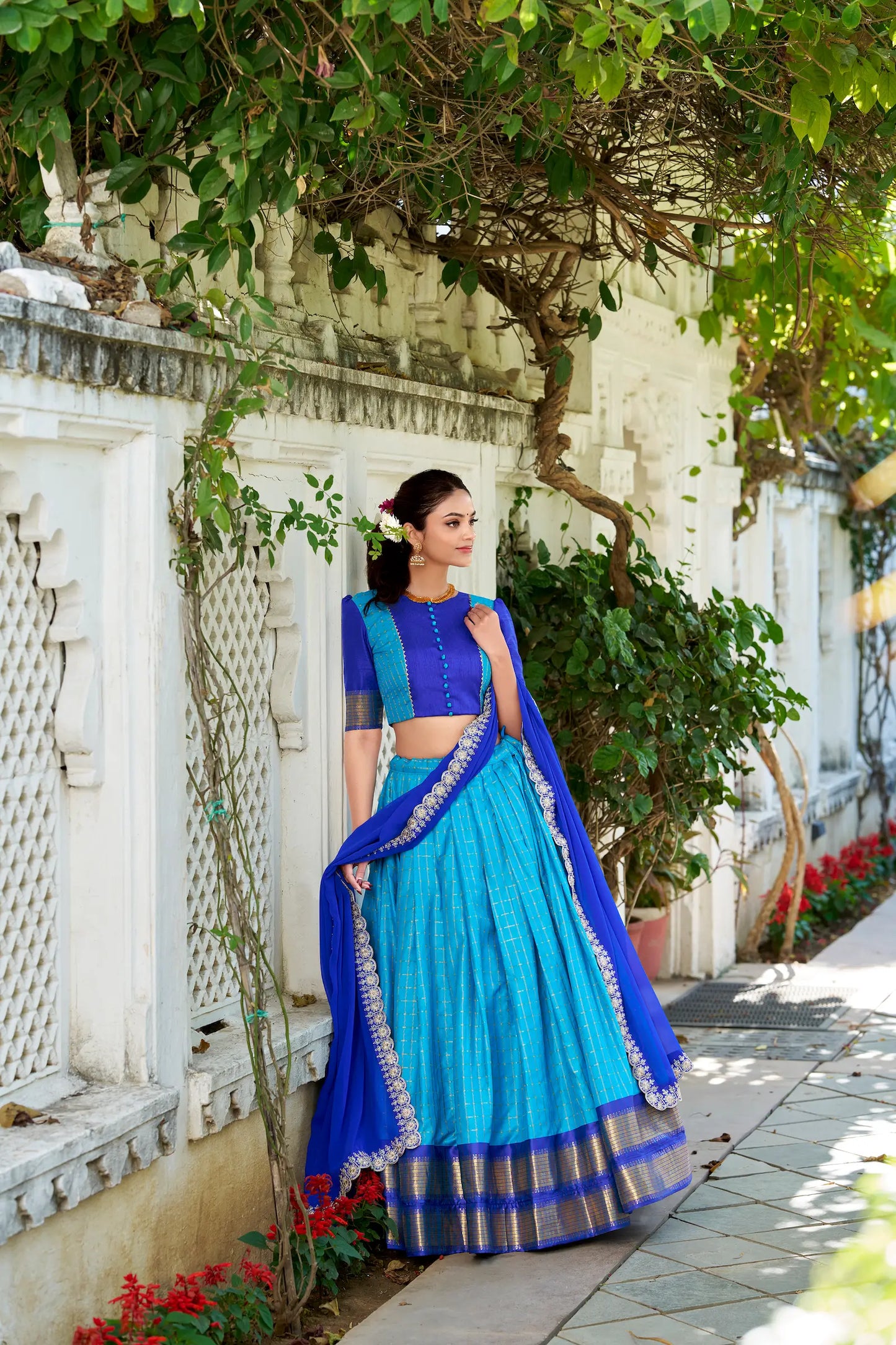 Blue Zari Chex With Zari Weaving Work Lehenga Choli