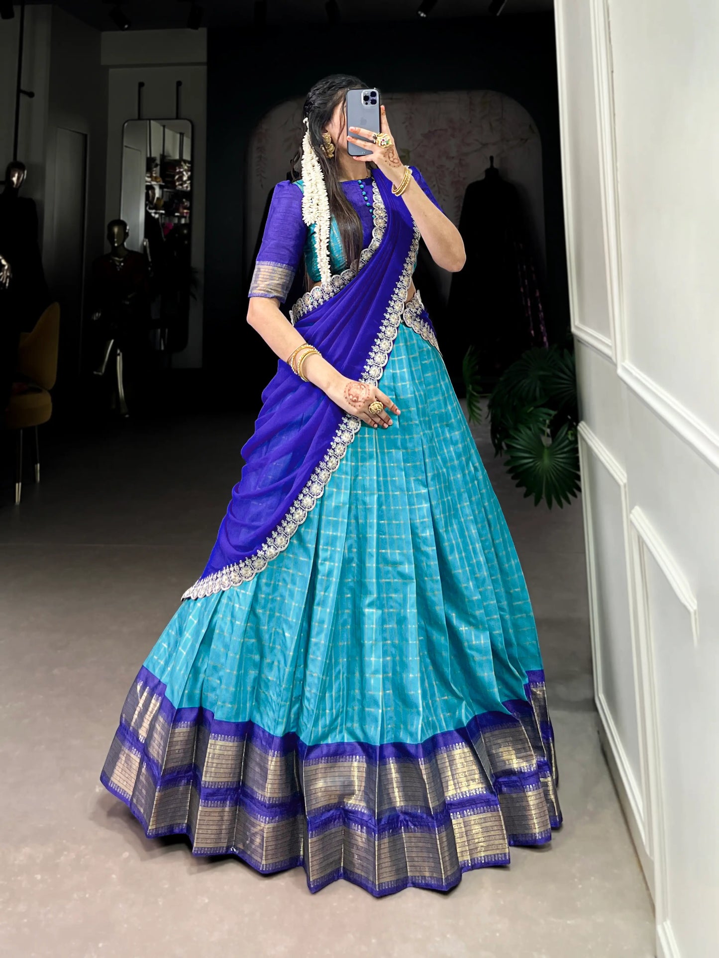 Blue Zari Chex With Zari Weaving Work Lehenga Choli