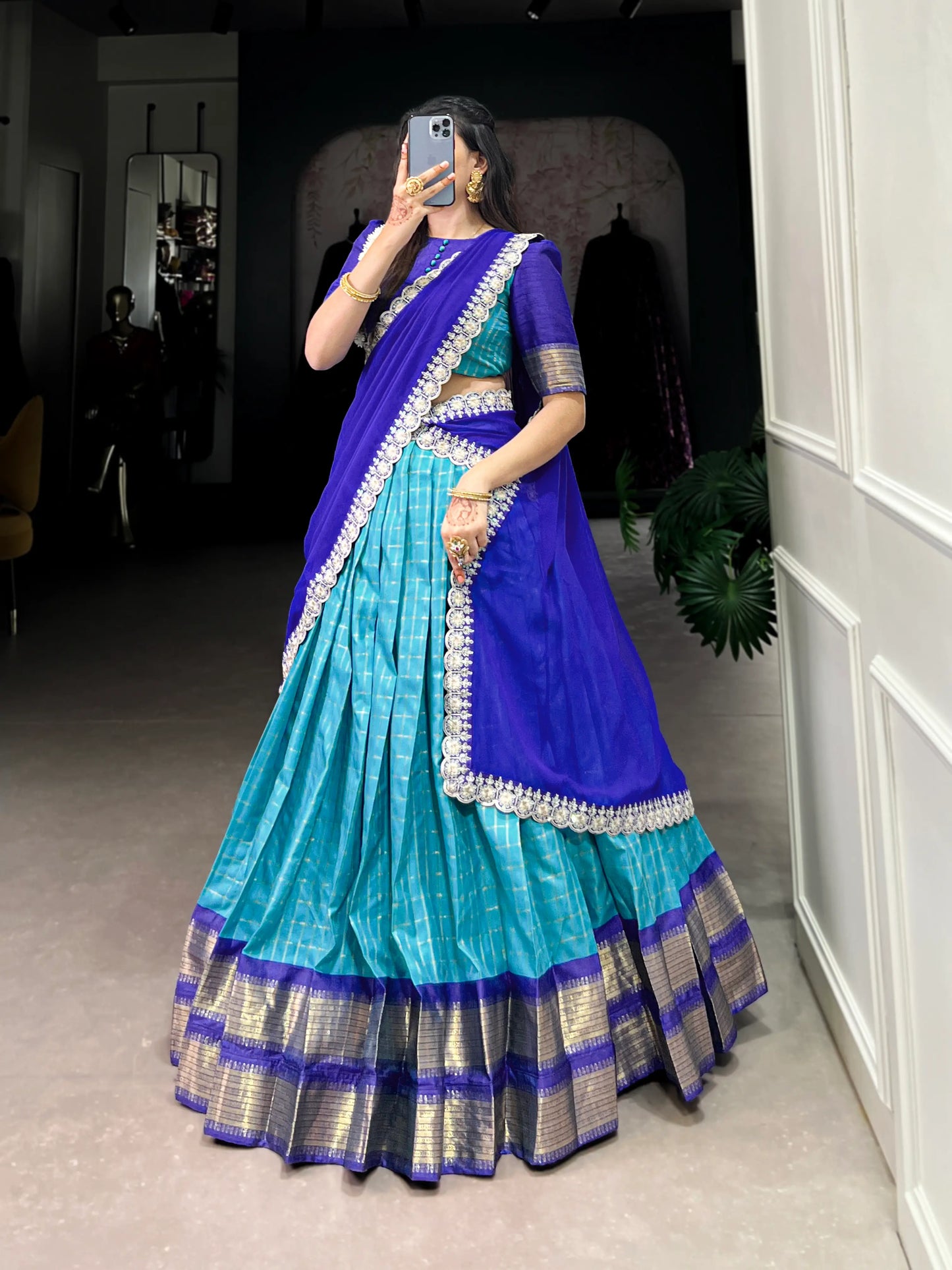 Blue Zari Chex With Zari Weaving Work Lehenga Choli