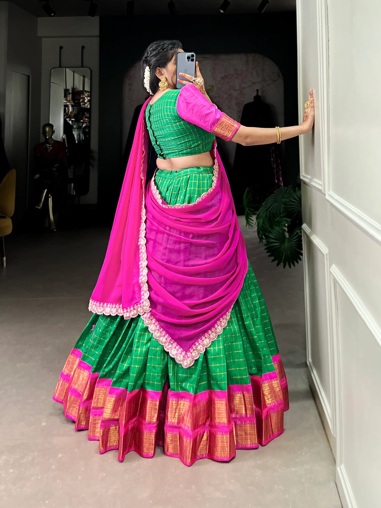 Green Zari Chex With Zari Weaving Work Lehenga Choli