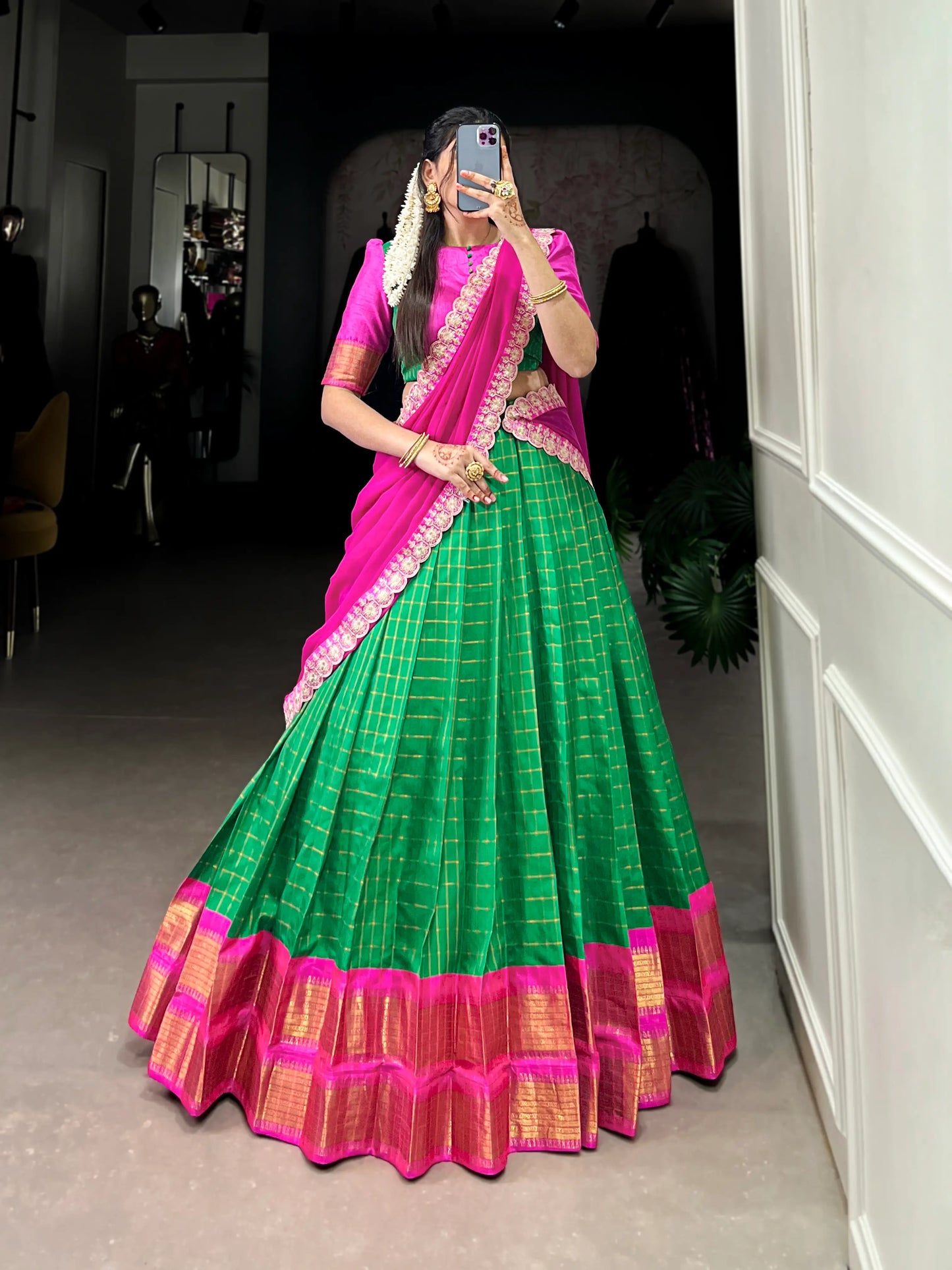 Green Zari Chex With Zari Weaving Work Lehenga Choli