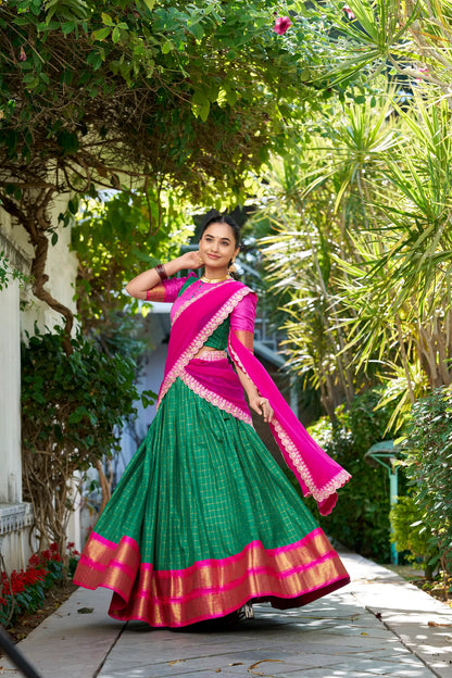 Green Zari Chex With Zari Weaving Work Lehenga Choli