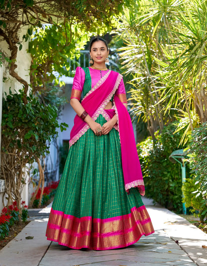 Green Zari Chex With Zari Weaving Work Lehenga Choli