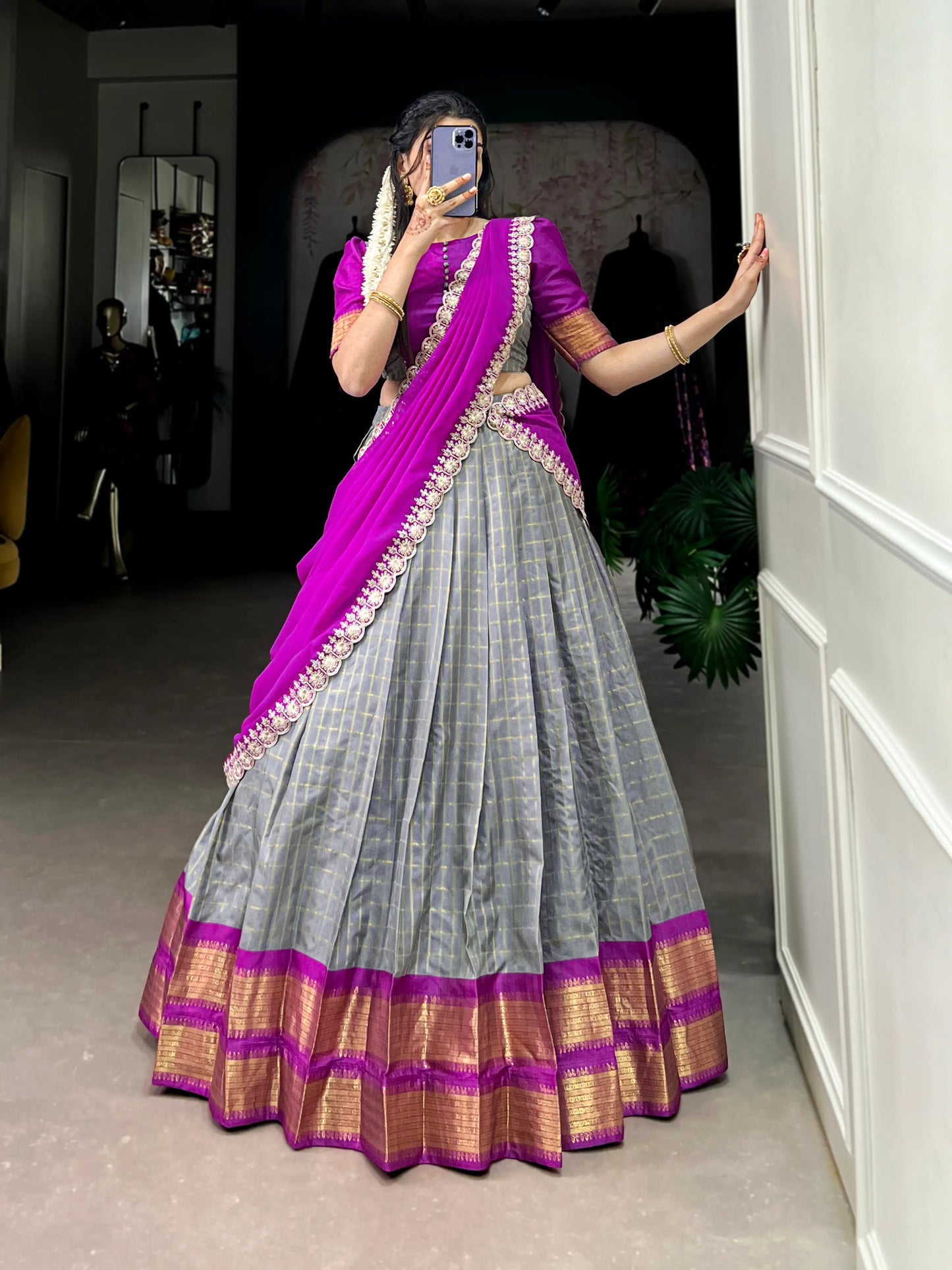 Grey Zari Chex With Zari Weaving Work Lehenga Choli