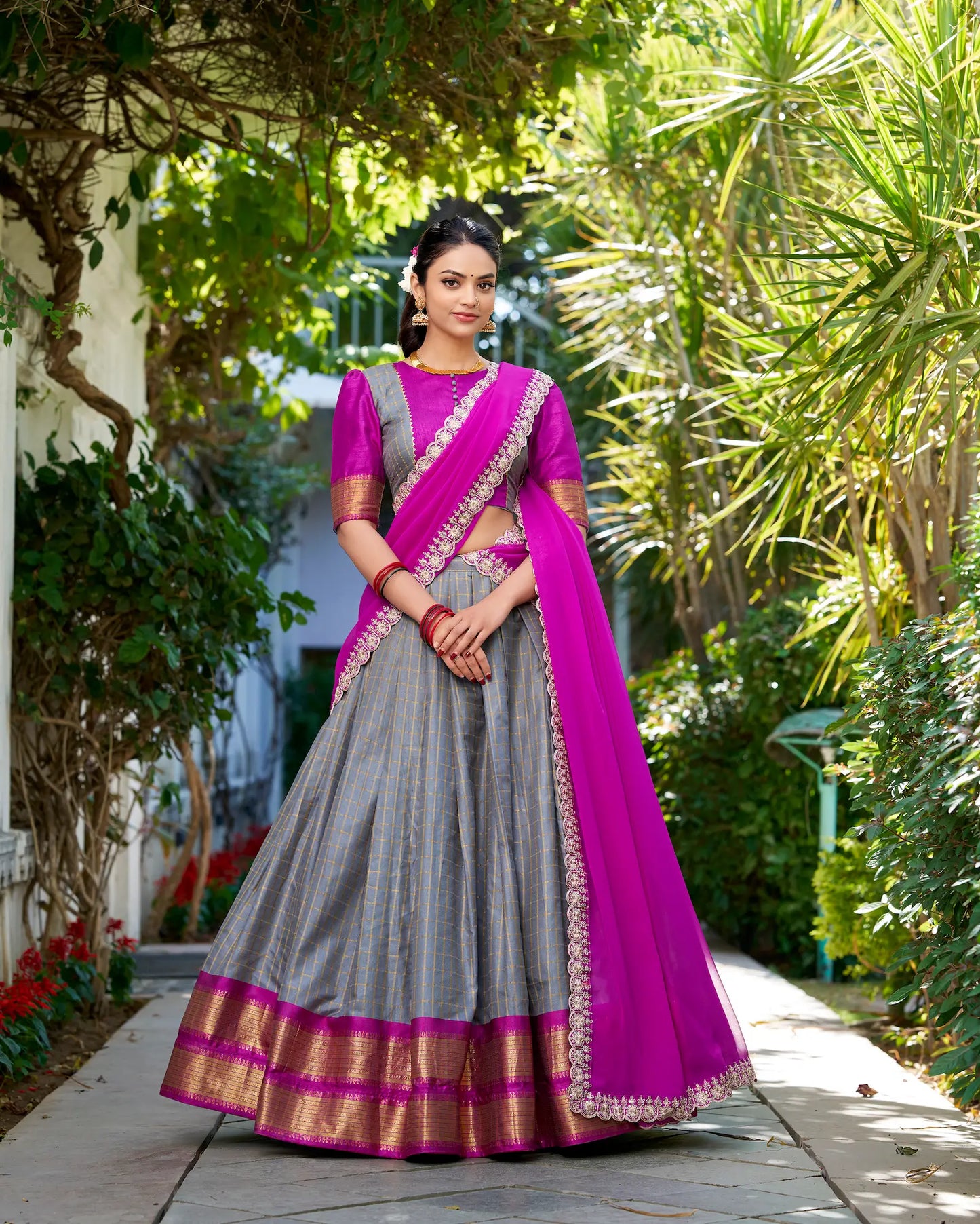 Grey Zari Chex With Zari Weaving Work Lehenga Choli