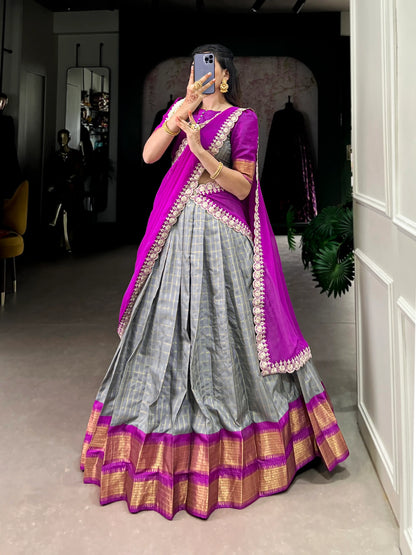 Grey Zari Chex With Zari Weaving Work Lehenga Choli