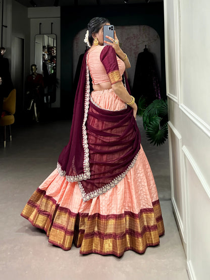 Peach Zari Chex With Zari Weaving Work Lehenga Choli