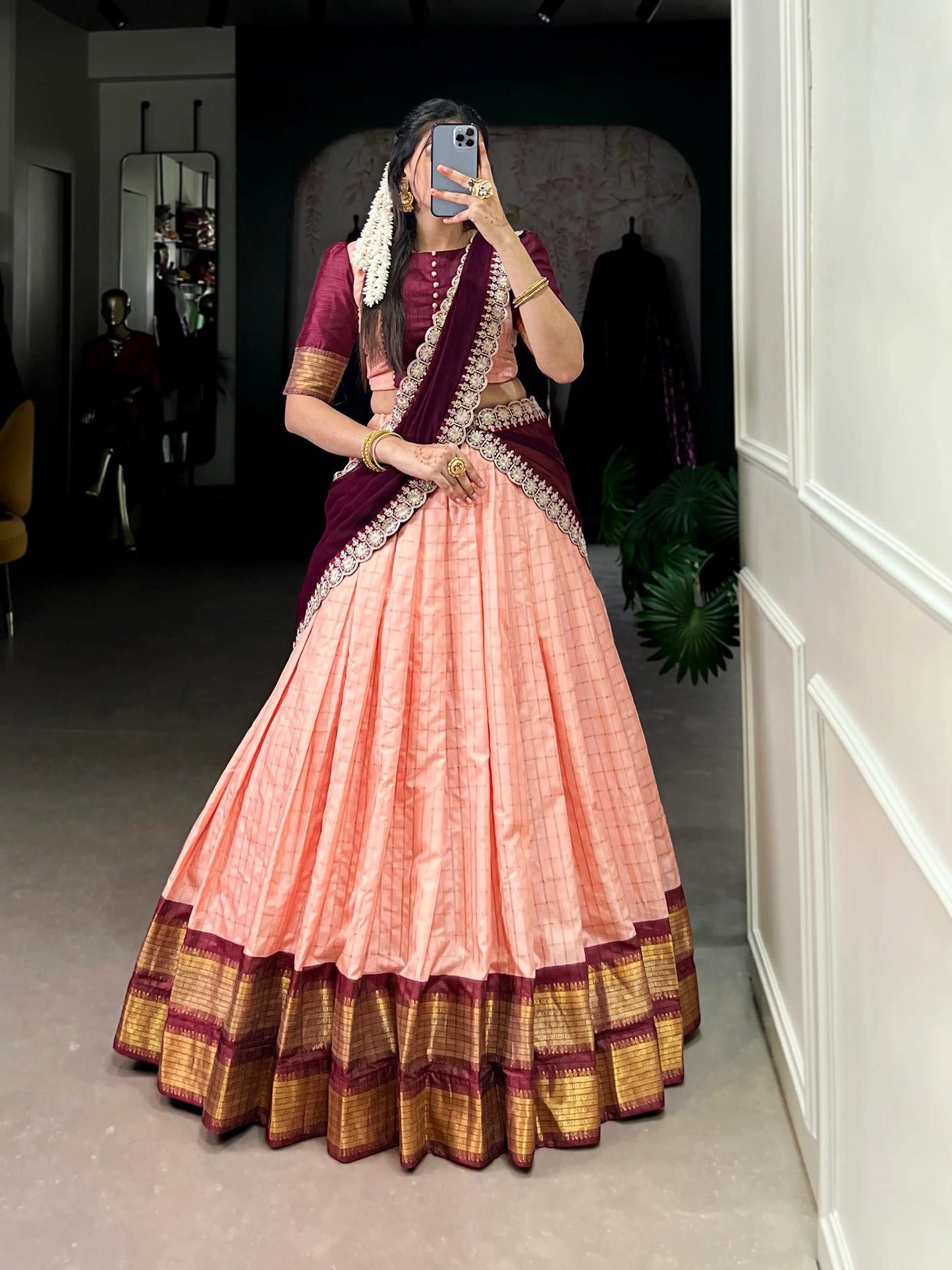 Peach Zari Chex With Zari Weaving Work Lehenga Choli