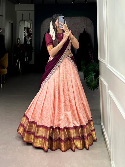 Peach Zari Chex With Zari Weaving Work Lehenga Choli