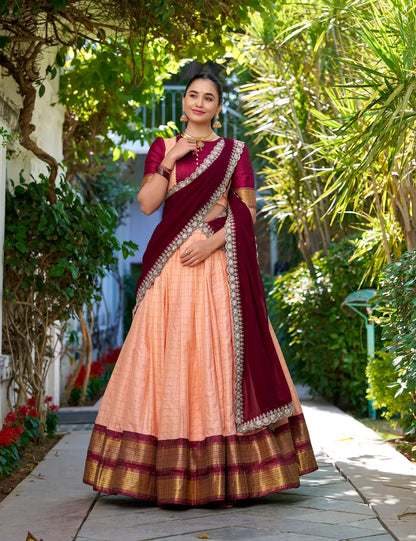 Peach Zari Chex With Zari Weaving Work Lehenga Choli