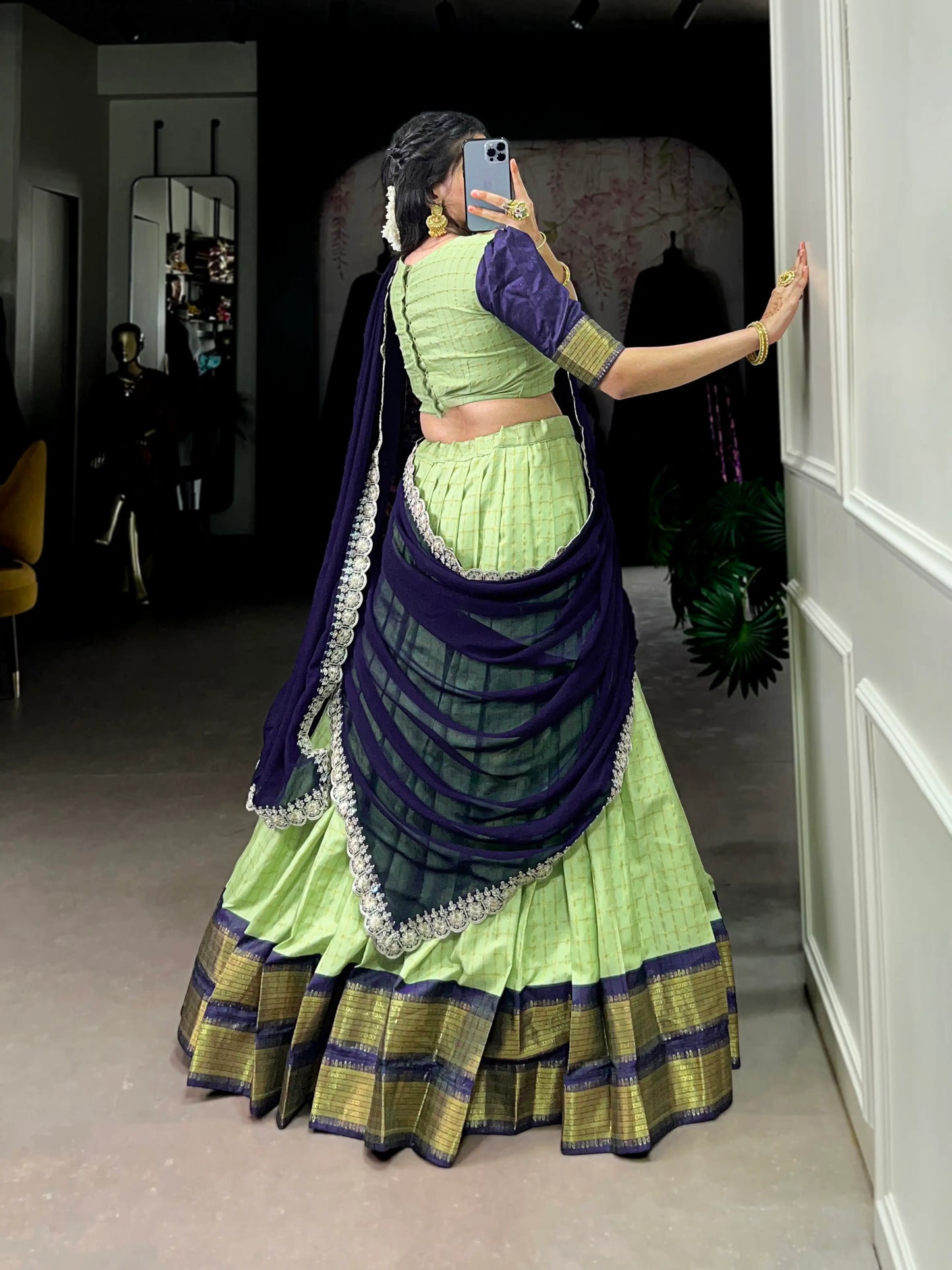 Pistachio Green Zari Chex With Zari Weaving Work Lehenga Choli