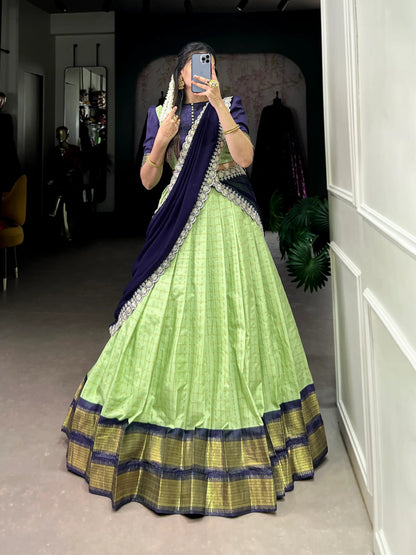 Pistachio Green Zari Chex With Zari Weaving Work Lehenga Choli