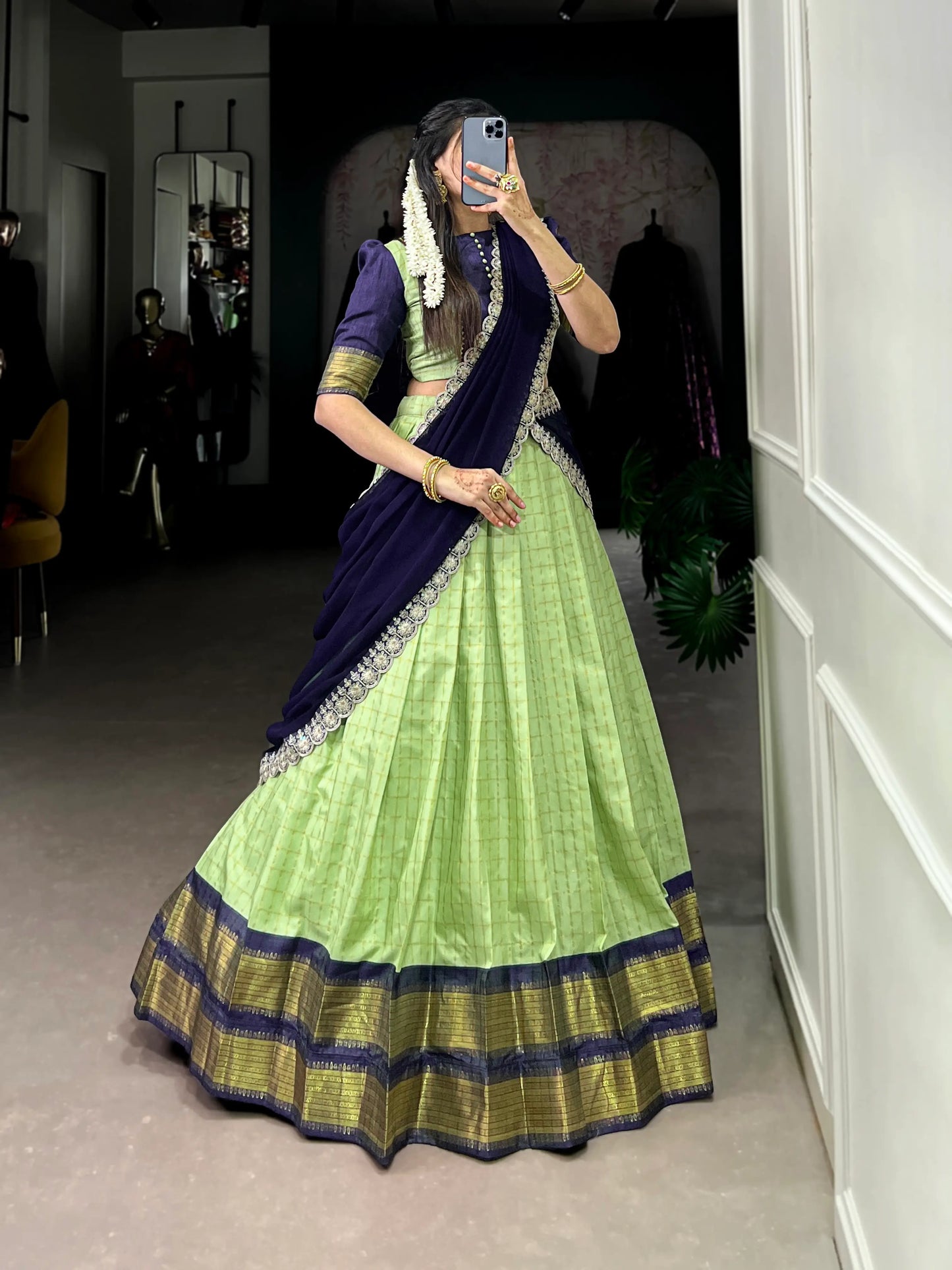 Pistachio Green Zari Chex With Zari Weaving Work Lehenga Choli