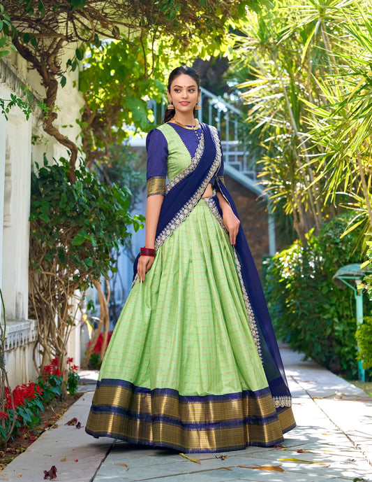 Pistachio Green Zari Chex With Zari Weaving Work Lehenga Choli