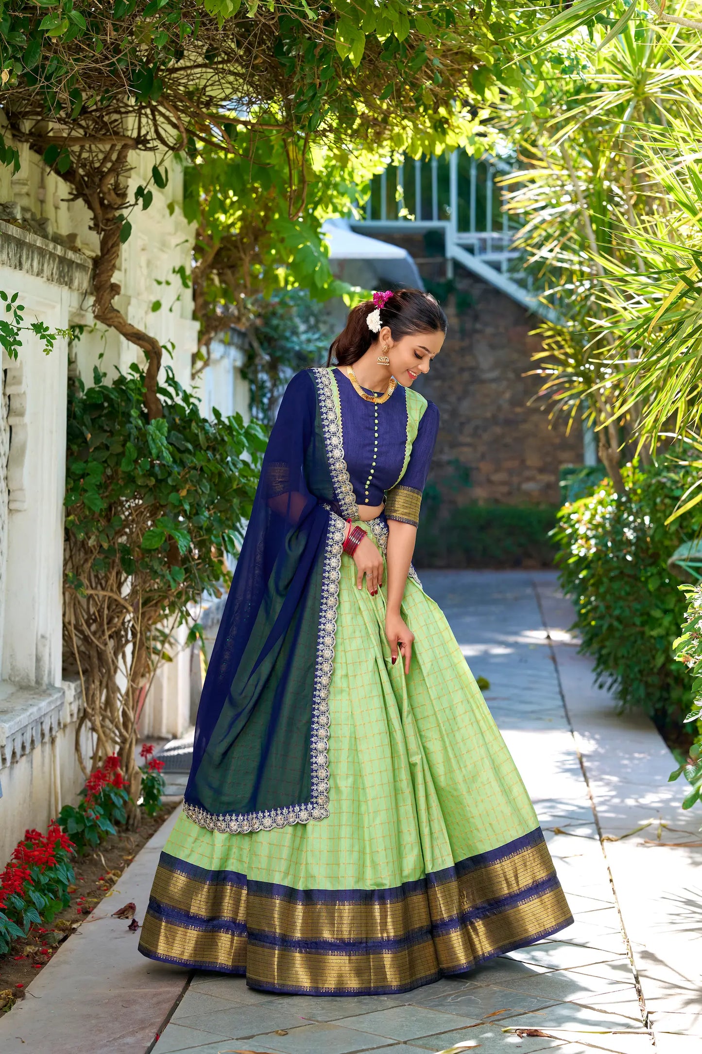 Pistachio Green Zari Chex With Zari Weaving Work Lehenga Choli