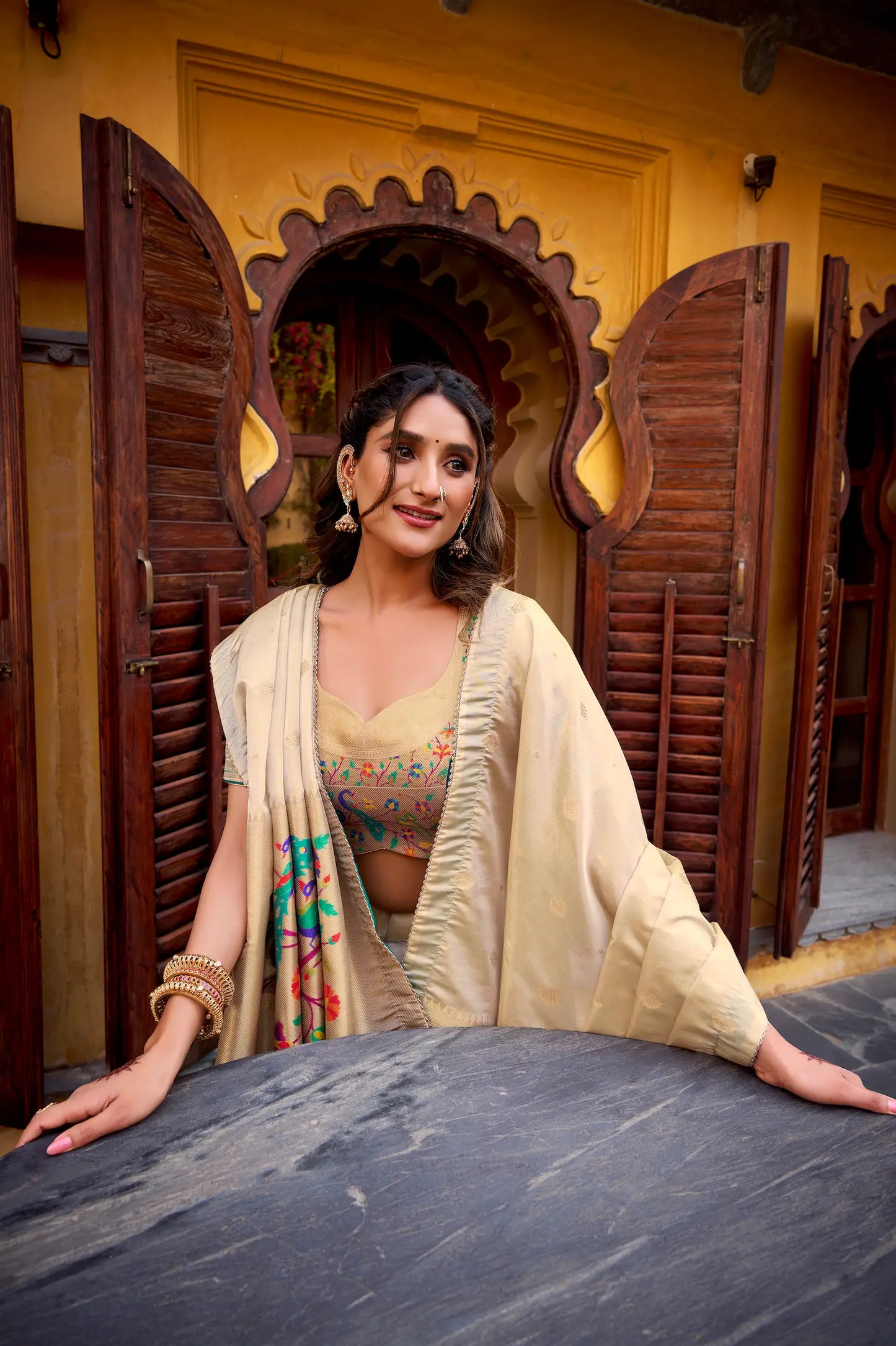 Beige-Teal Shimmer Paithani Lehenga Choli