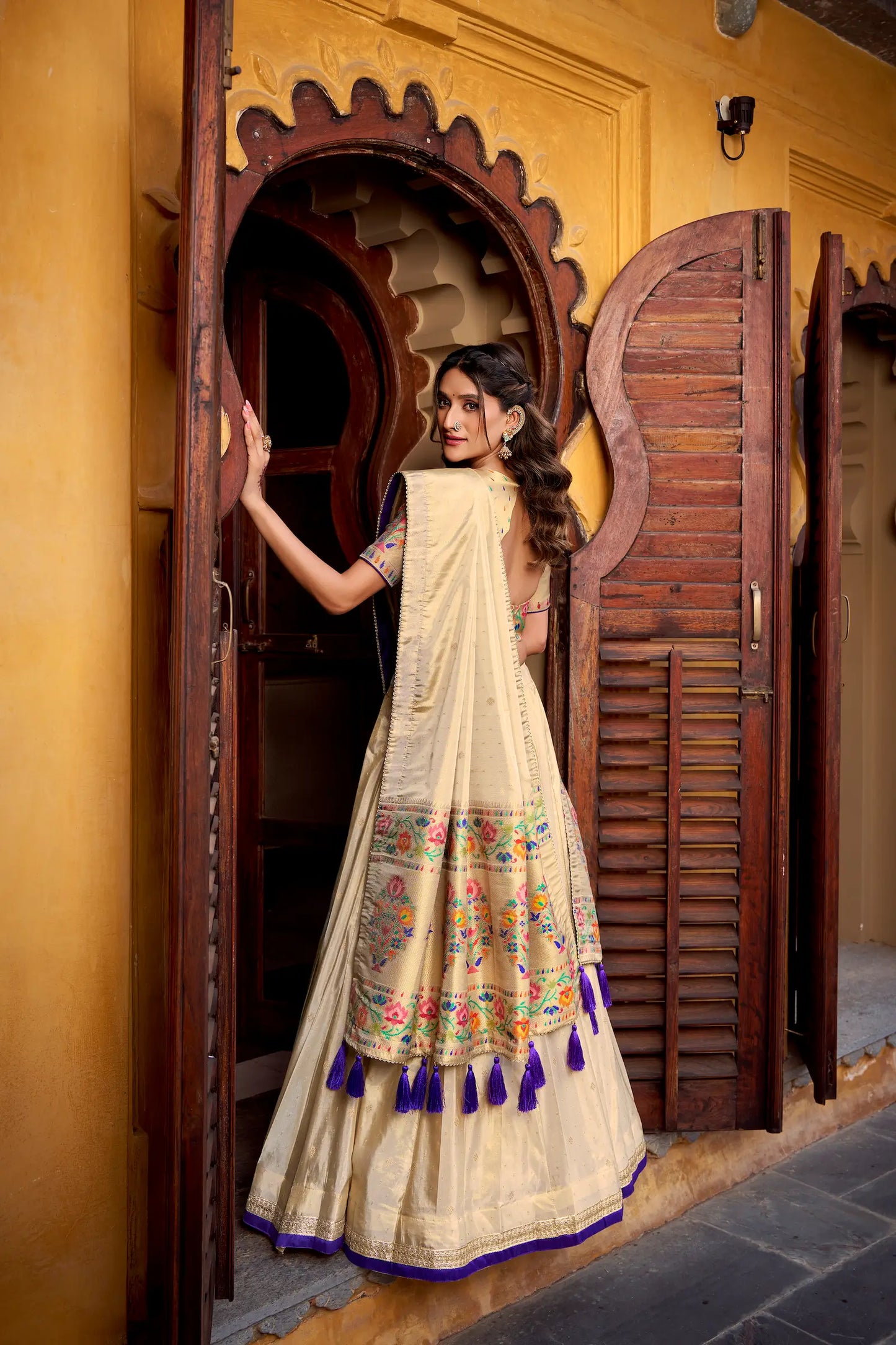 Beige-Purple Shimmer Paithani Lehenga Choli