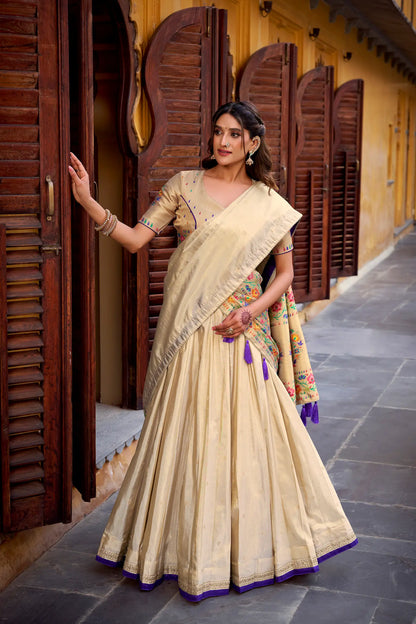 Beige-Purple Shimmer Paithani Lehenga Choli