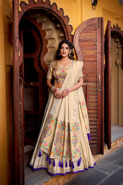 Beige-Purple Shimmer Paithani Lehenga Choli