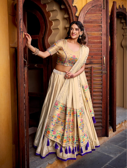 Beige-Purple Shimmer Paithani Lehenga Choli