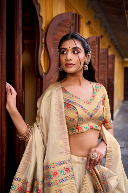 Beige-Red Shimmer Paithani Lehenga Choli