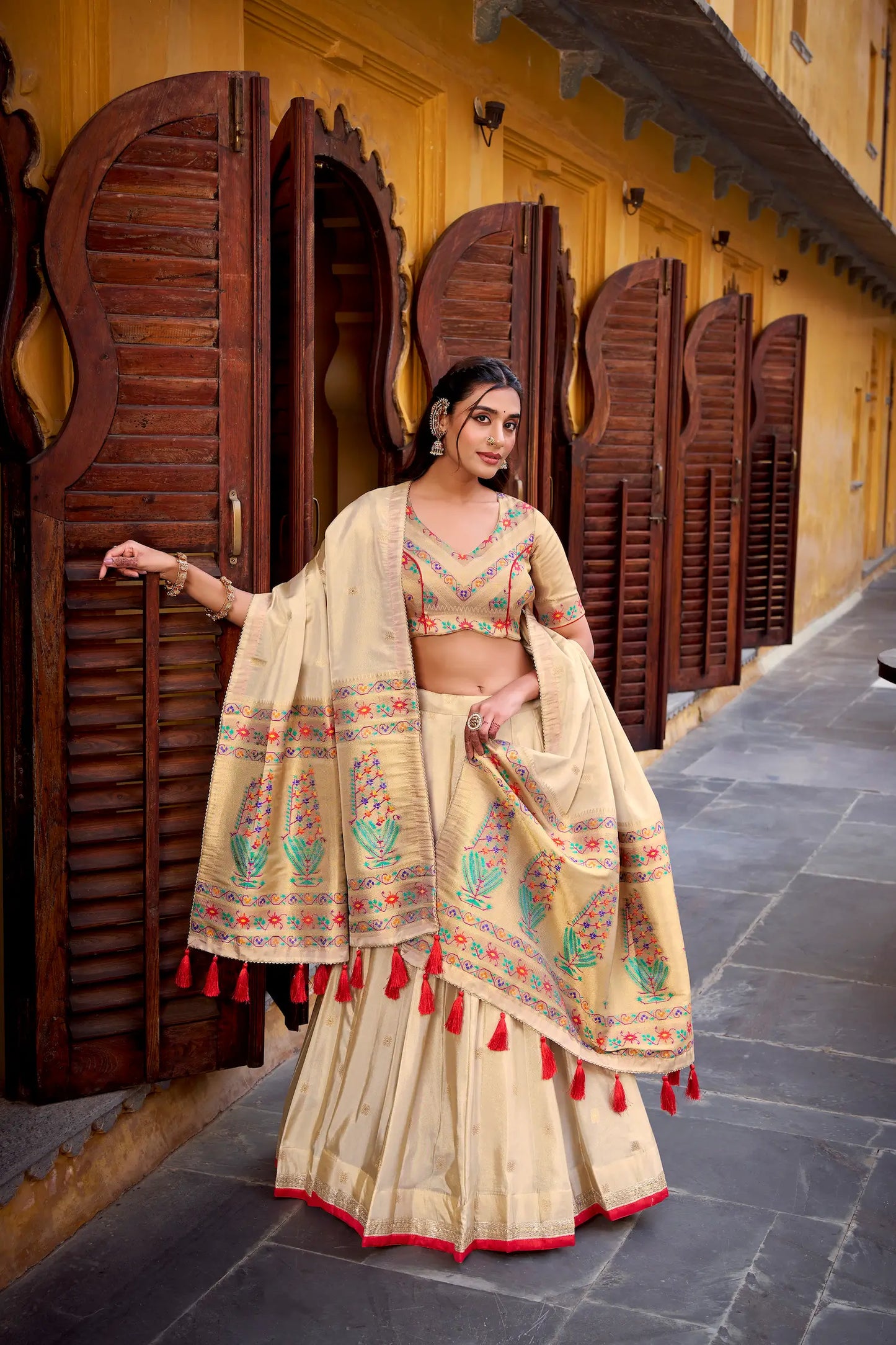 Beige-Red Shimmer Paithani Lehenga Choli