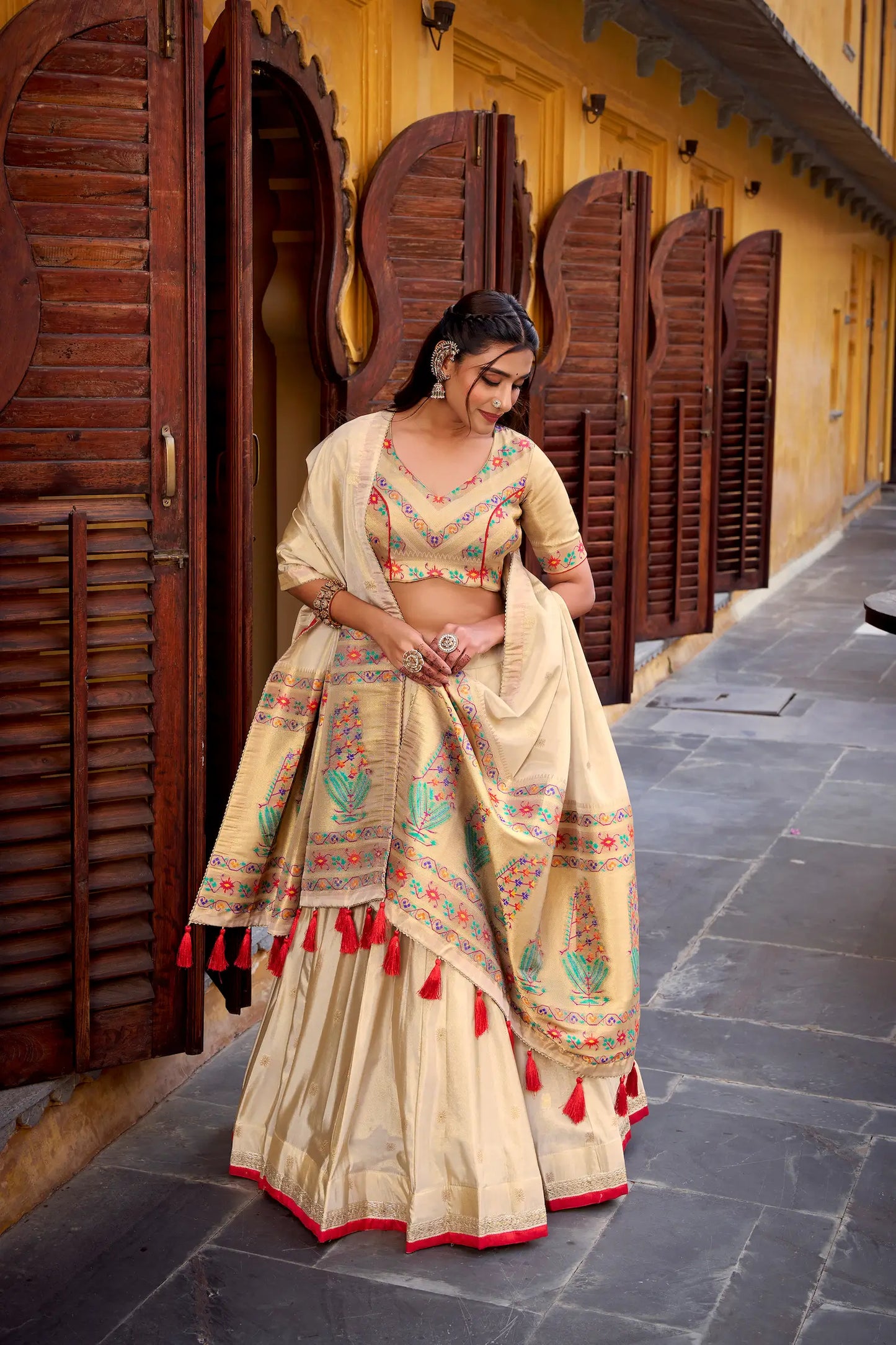 Beige-Red Shimmer Paithani Lehenga Choli