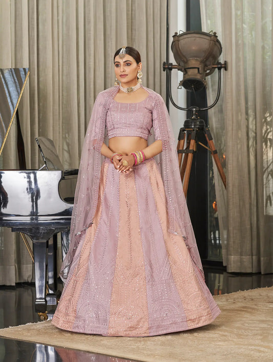 Peach Pink Art Silk Lehenga Choli With Sequence & Thread Embroidery Work